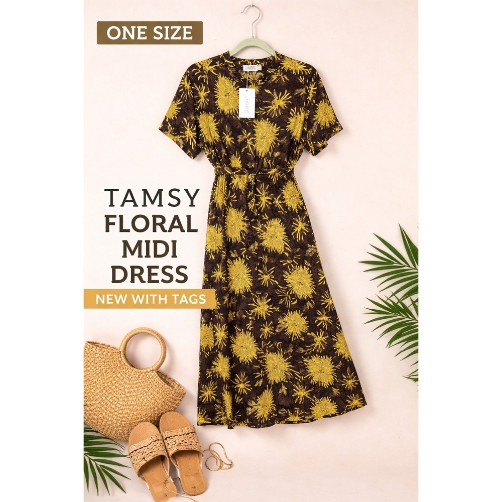 TAMSY Floral Midi Dress One Size Black‎ Yellow Brown Boho Tie Waist NWT